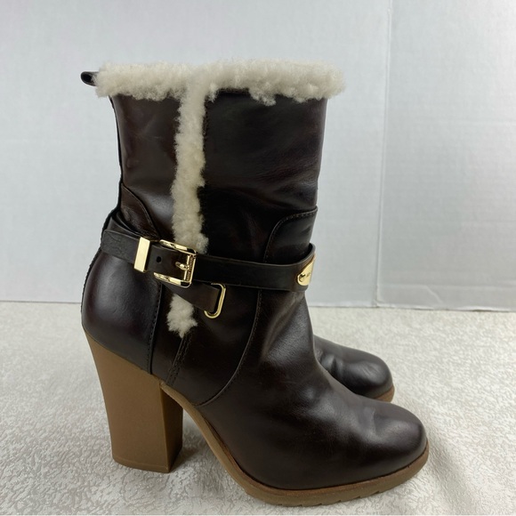 Michael Kors Women 7 Ankle Boots Stress Brown Leather Shearling Detail - Picture 12 of 12
